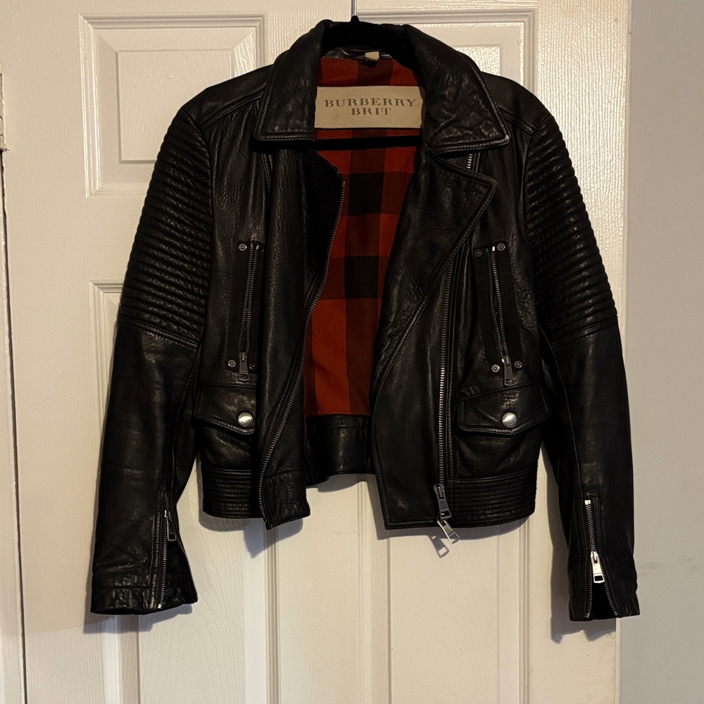 Burberry Brit Black Leather Jacket with Red and Brown Plaid Lining